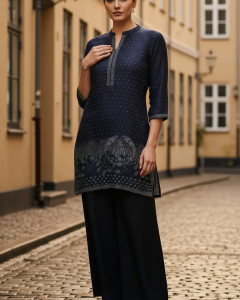 Navy Blue Viscose Blend Tunic With Stone Work
