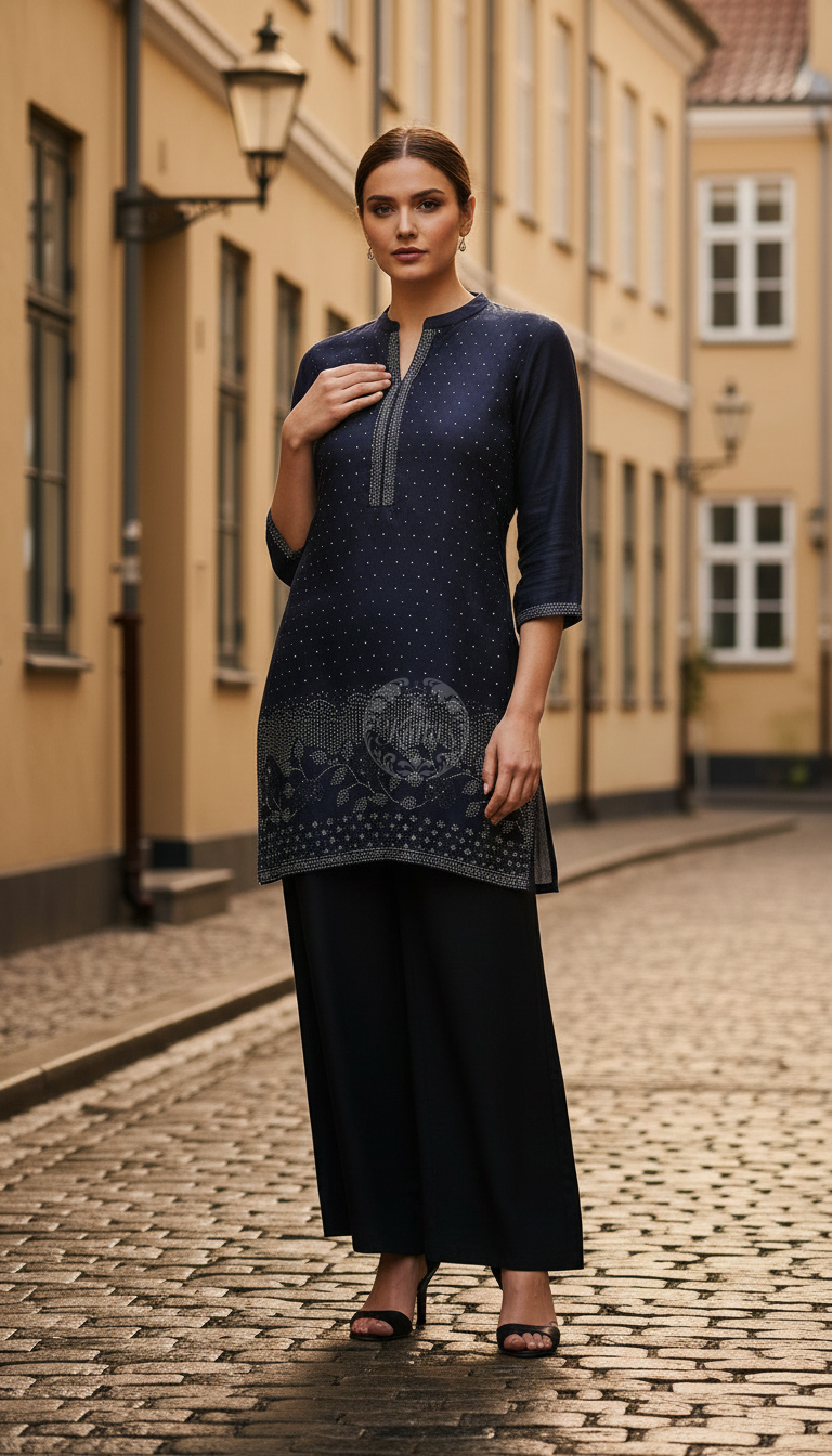 Navy Blue Viscose Blend Tunic With Stone Work