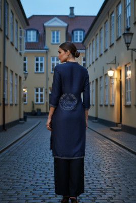 Navy Blue Viscose Blend Tunic With Stone Work