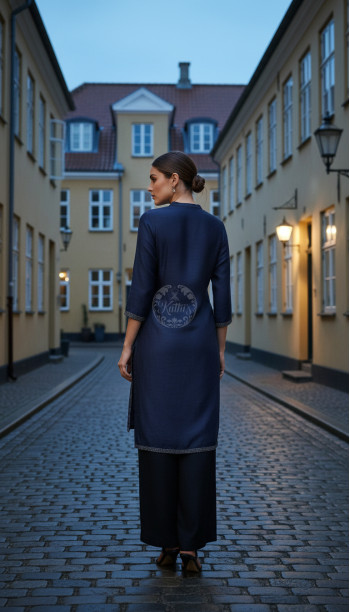 Navy Blue Viscose Blend Tunic With Stone Work