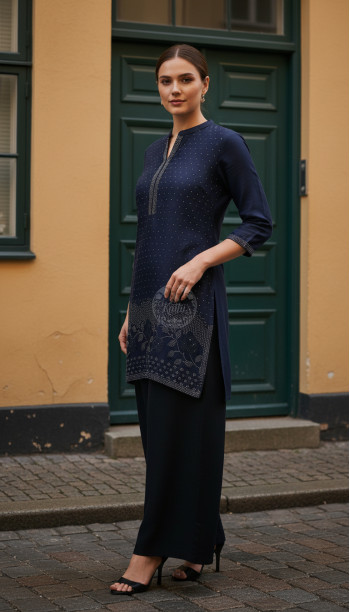 Navy Blue Viscose Blend Tunic With Stone Work