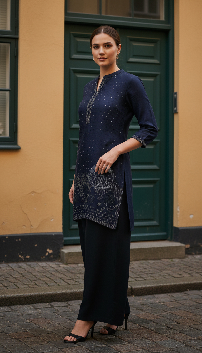 Navy Blue Viscose Blend Tunic With Stone Work
