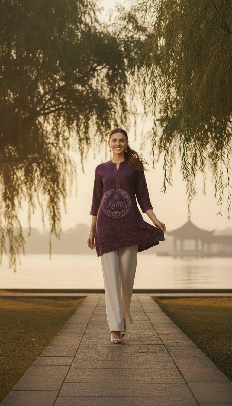 Purple Viscose Blend Tunic With Stone Work