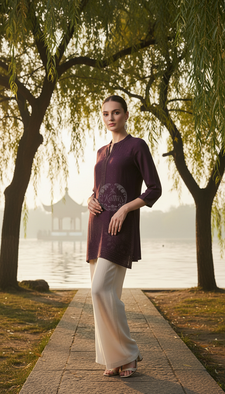 Purple Viscose Blend Tunic With Stone Work