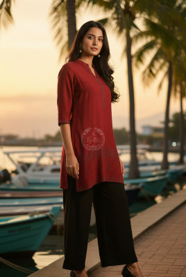 Maroon Viscose Blend Tunic With Stone Work