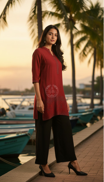 Maroon Viscose Blend Tunic With Stone Work