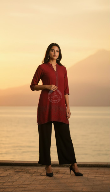 Maroon Viscose Blend Tunic With Stone Work