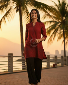 Maroon Viscose Blend Tunic With Stone Work