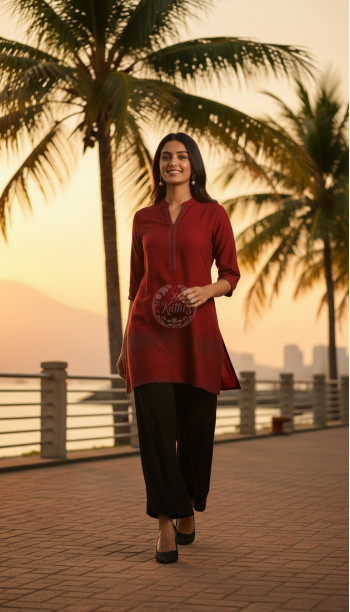 Maroon Viscose Blend Tunic With Stone Work