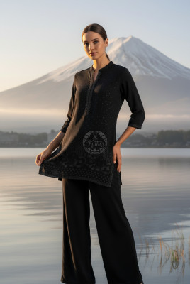 Black Viscose Blend Tunic With Stone Work