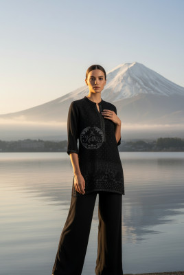Black Viscose Blend Tunic With Stone Work
