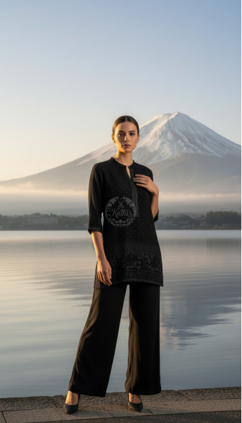 Black Viscose Blend Tunic With Stone Work