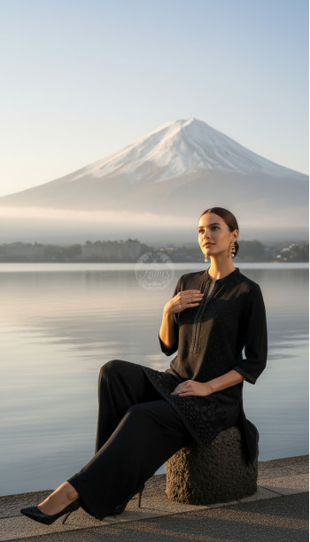 Black Viscose Blend Tunic With Stone Work