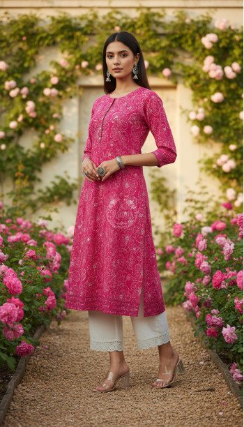 Fuchsia Botanical Print Panelled Cotton Slub Kurta