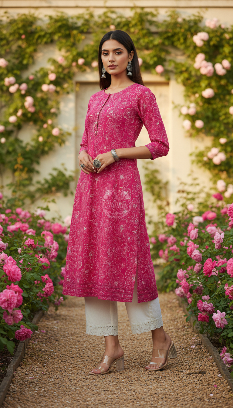 Fuchsia Botanical Print Panelled Cotton Slub Kurta