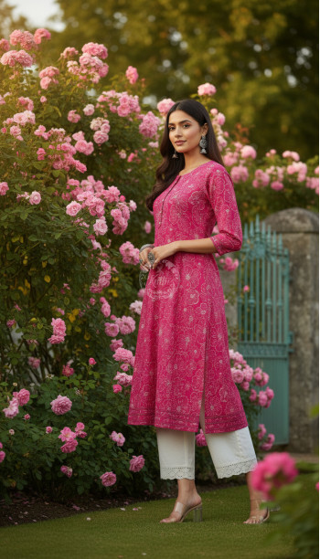 Fuchsia Botanical Print Panelled Cotton Slub Kurta