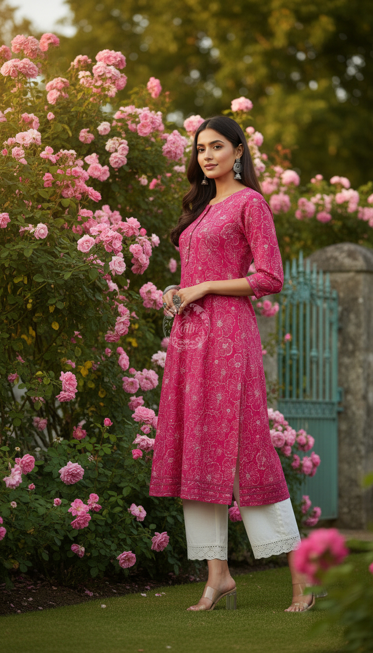 Fuchsia Botanical Print Panelled Cotton Slub Kurta