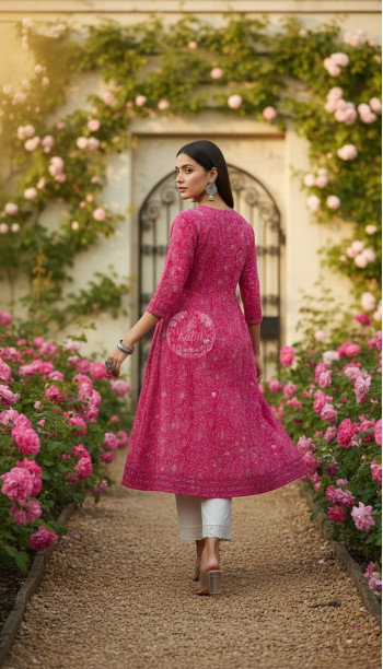 Fuchsia Botanical Print Panelled Cotton Slub Kurta