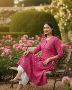 Fuchsia Botanical Print Panelled Cotton Slub Kurta