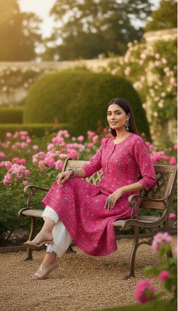 Fuchsia Botanical Print Panelled Cotton Slub Kurta