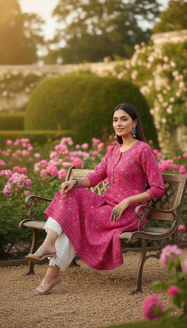 Fuchsia Botanical Print Panelled Cotton Slub Kurta