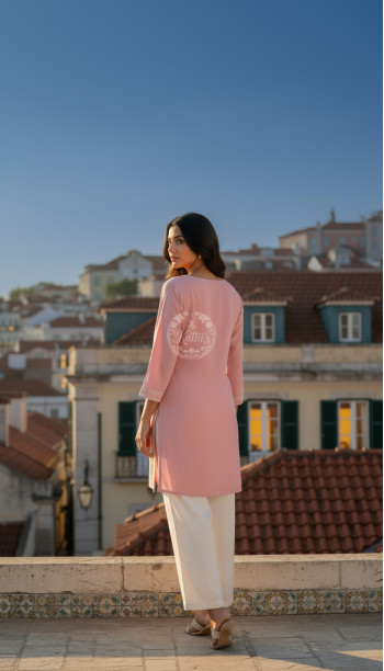 Peach Rayon Embroidered Kurta With Sequins