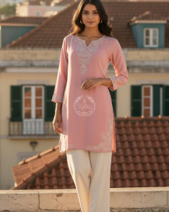 Peach Rayon Embroidered Kurta With Sequins
