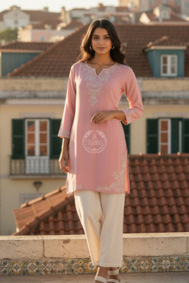 Peach Rayon Embroidered Kurta With Sequins