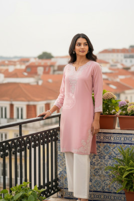 Peach Rayon Embroidered Kurta With Sequins