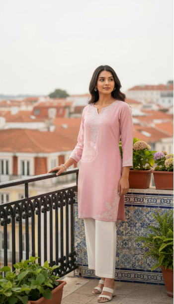 Peach Rayon Embroidered Kurta With Sequins