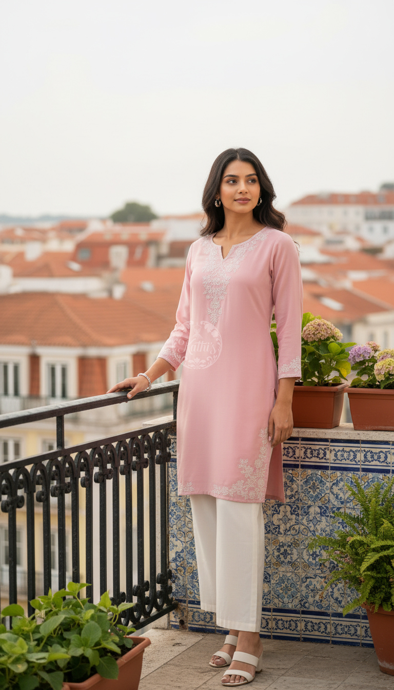Peach Rayon Embroidered Kurta With Sequins