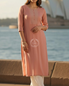 Peach Rayon Embroidered Kurta With Thread Work