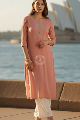 Peach Rayon Embroidered Kurta With Thread Work