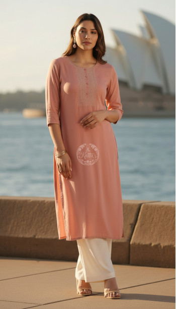 Peach Rayon Embroidered Kurta With Thread Work