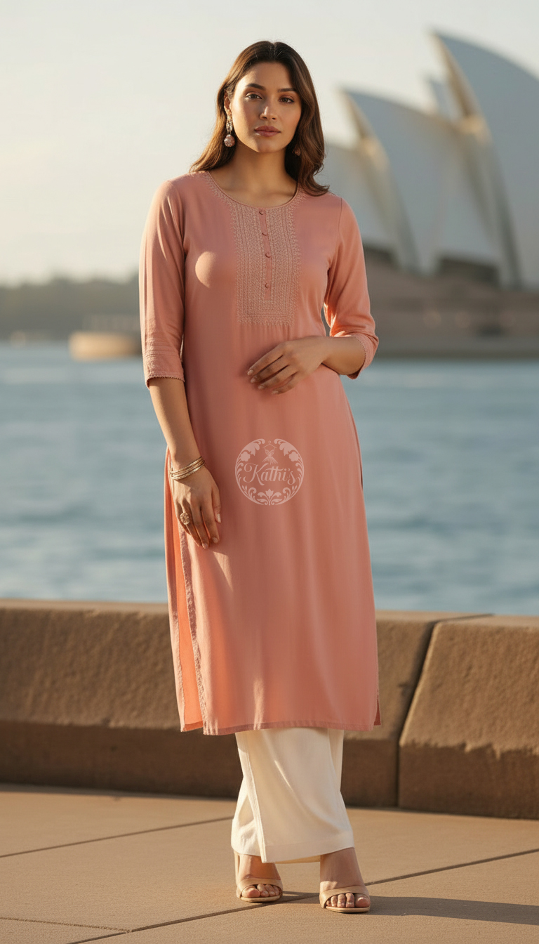 Peach Rayon Embroidered Kurta With Thread Work