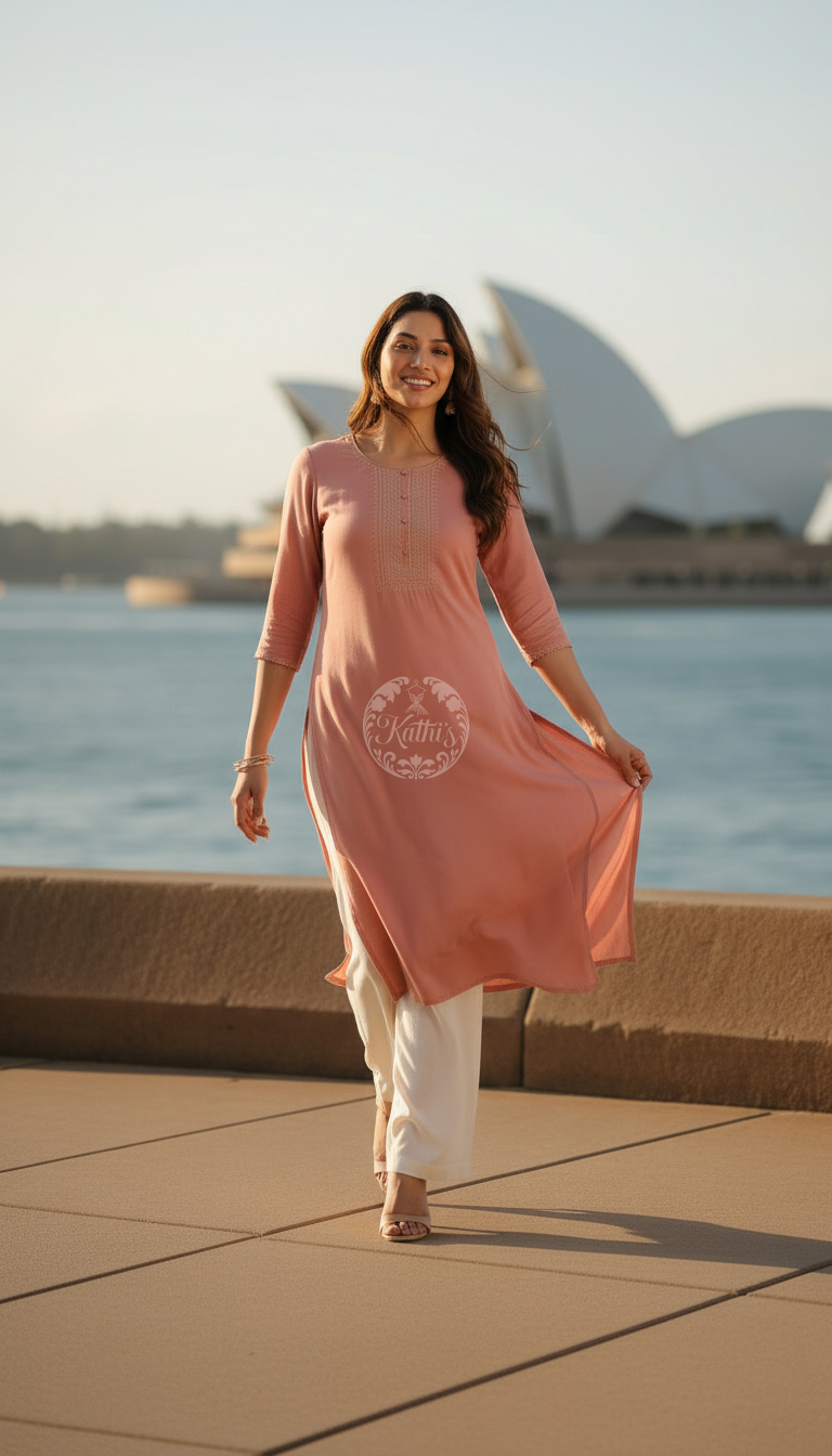 Peach Rayon Embroidered Kurta With Thread Work