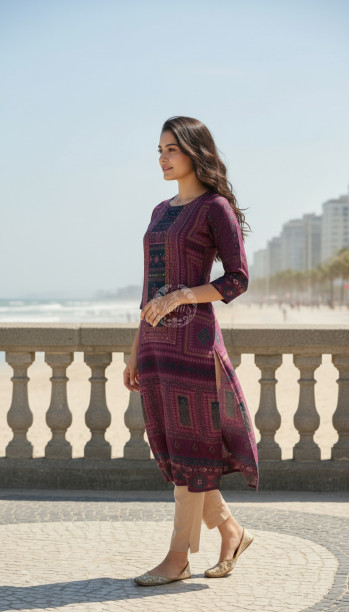 Purple Russian Silk Ethnic Motifs Kurta With Mirror And Pearl
