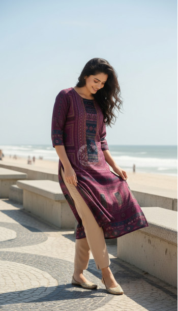 Purple Russian Silk Ethnic Motifs Kurta With Mirror And Pearl
