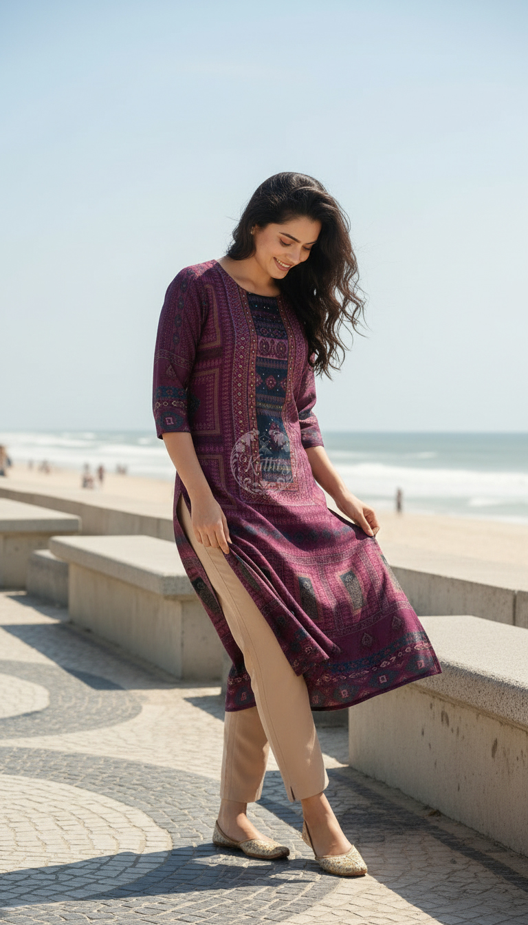 Purple Russian Silk Ethnic Motifs Kurta With Mirror And Pearl