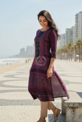 Purple Russian Silk Ethnic Motifs Kurta With Mirror And Pearl