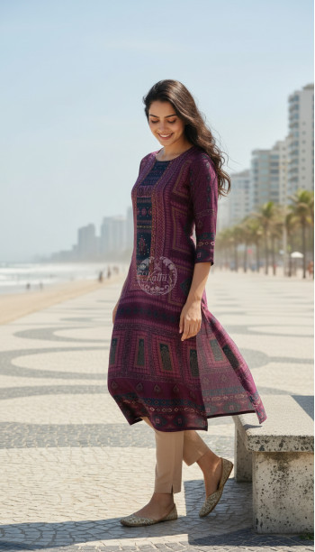 Purple Russian Silk Ethnic Motifs Kurta With Mirror And Pearl