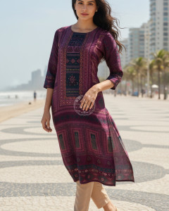 Purple Russian Silk Ethnic Motifs Kurta With Mirror And Pearl