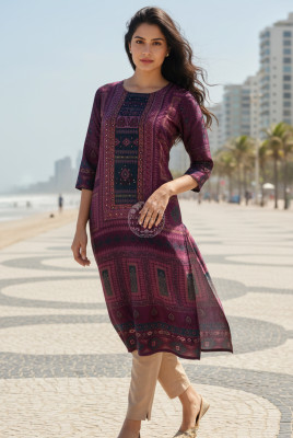 Purple Russian Silk Ethnic Motifs Kurta With Mirror And Pearl