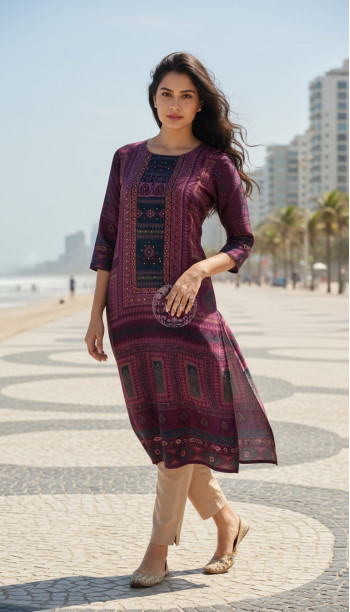 Purple Russian Silk Ethnic Motifs Kurta With Mirror And Pearl