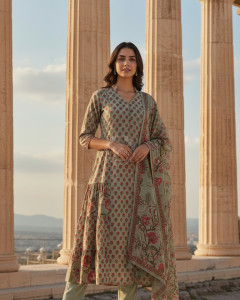 Olive Cotton Floral Print Suit Set Sequins