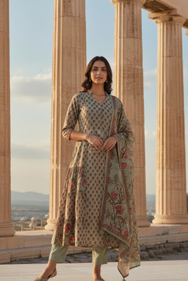 Olive Cotton Floral Print Suit Set Sequins