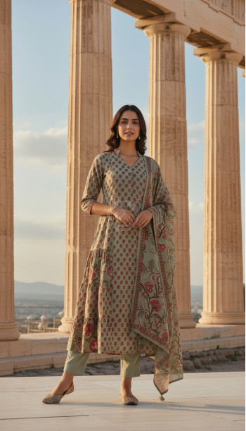 Olive Cotton Floral Print Suit Set Sequins