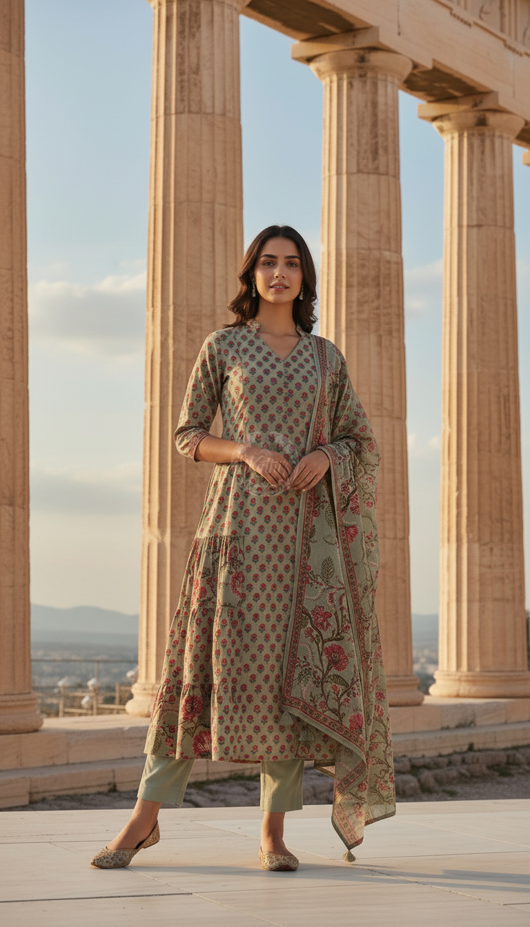 Olive Cotton Floral Print Suit Set Sequins