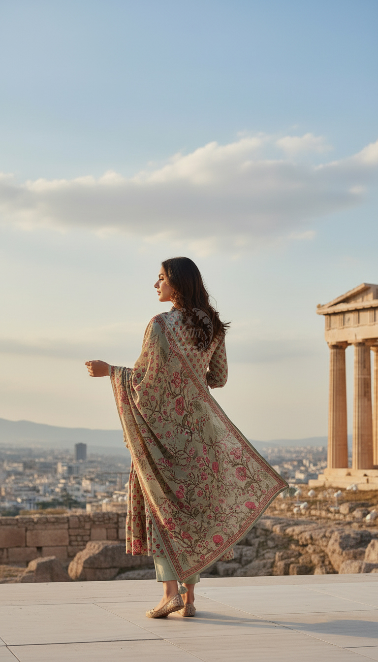Olive Cotton Floral Print Suit Set Sequins