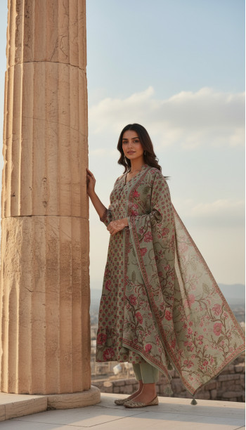 Olive Cotton Floral Print Suit Set Sequins